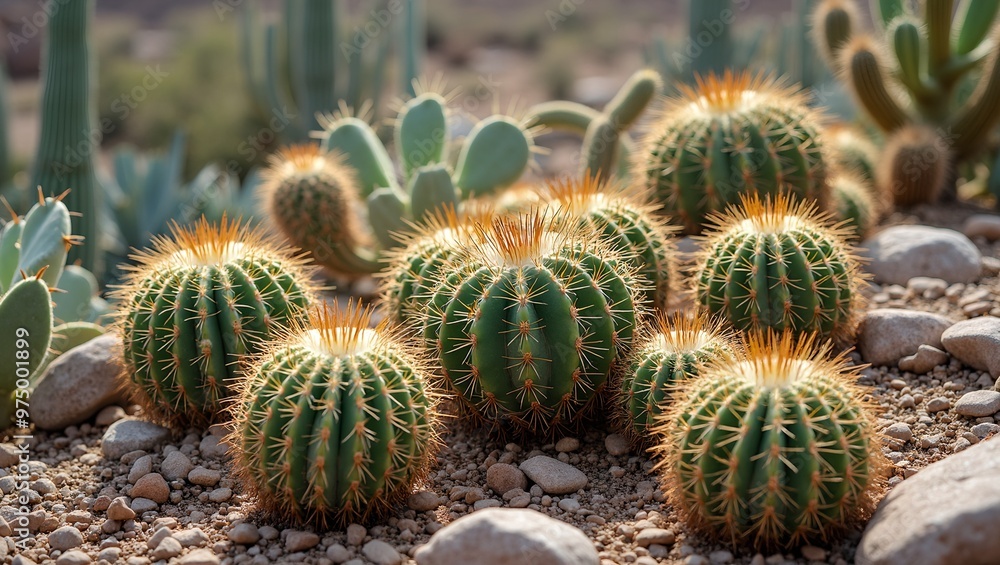 Diverse cactus garden with sharp spines against a desert backdrop Diverse cactus garden with sharp spines against a desert backdrop