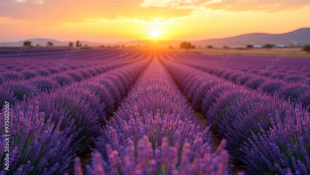 Obraz premium Vibrant lavender field at sunset with rolling hills and golden sky