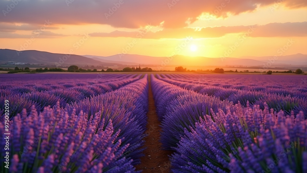 Vibrant lavender field at sunset with rolling hills and golden sky Vibrant lavender field at sunset with rolling hills and golden sky