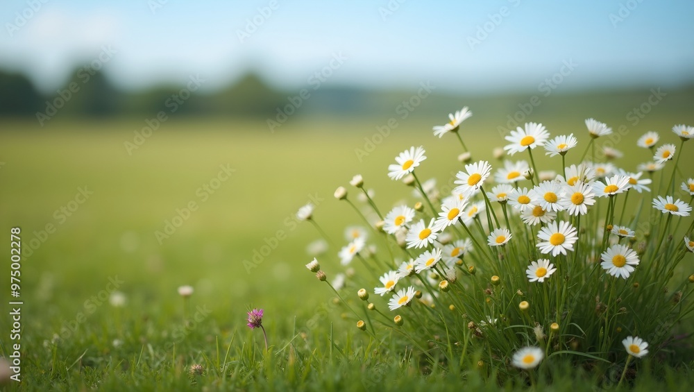 Fototapeta premium Wild daisies bloom in a vibrant field under a clear blue sky