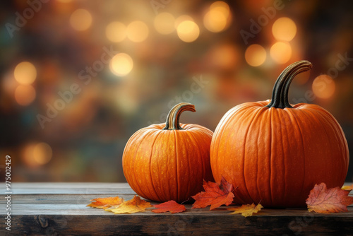 Halloween, orange pumpkins on a wooden table on a bokeh glowing background, copy space