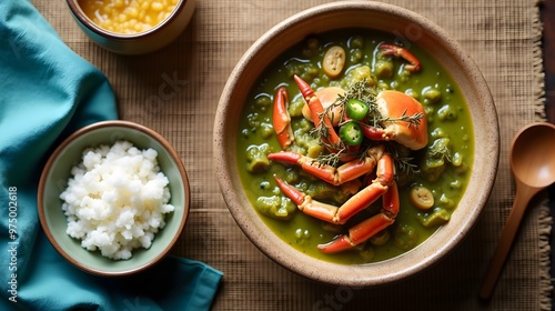 Caribbean vegetarian callaloo stew with peppers and rice photo