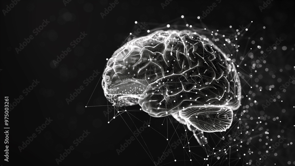 digital human brain, illuminated by a network of glowing lines and dots. This futuristic visualization represents the complexity and interconnectedness of the human mind, digital human brain, illuminated by a network of glowing lines and dots. This futuristic visualization represents the complexity and interconnectedness of the human mind,
