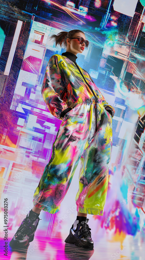 Obraz premium Futuristic Fashion Models in Neon Digital Environments, Abstract and Geometric Patterns, High-Tech Aesthetic, Holographic Clothing