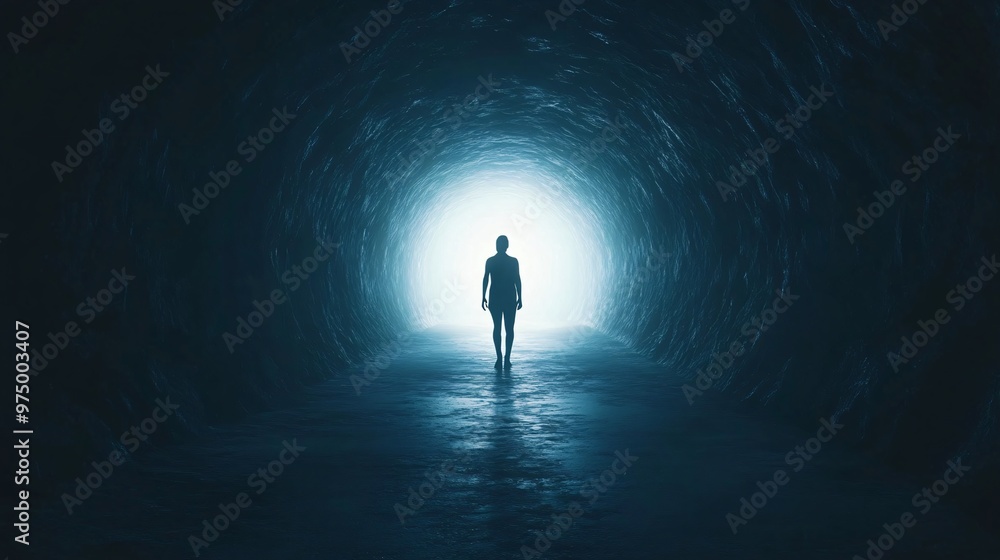 Silhouette of a person walking towards a bright light in a dark tunnel, symbolizing hope and new beginnings, copy space Silhouette of a person walking towards a bright light in a dark tunnel, symbolizing hope and new beginnings, copy space