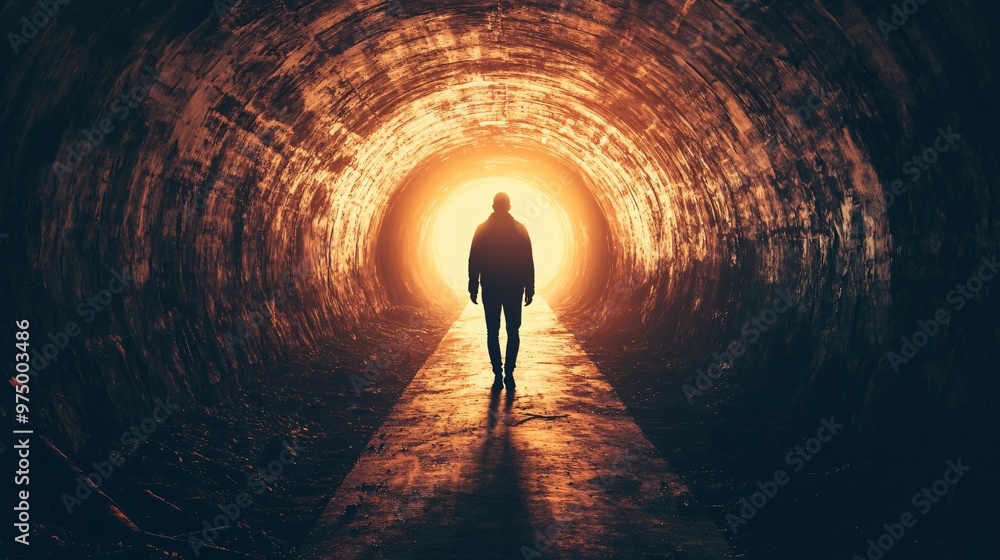 Silhouette of a person walking towards a bright light in a dark tunnel, symbolizing hope and new beginnings, copy space Silhouette of a person walking towards a bright light in a dark tunnel, symbolizing hope and new beginnings, copy space
