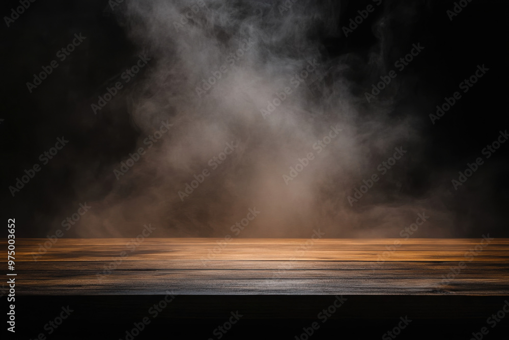 empty wooden table with smoke float up on dark background