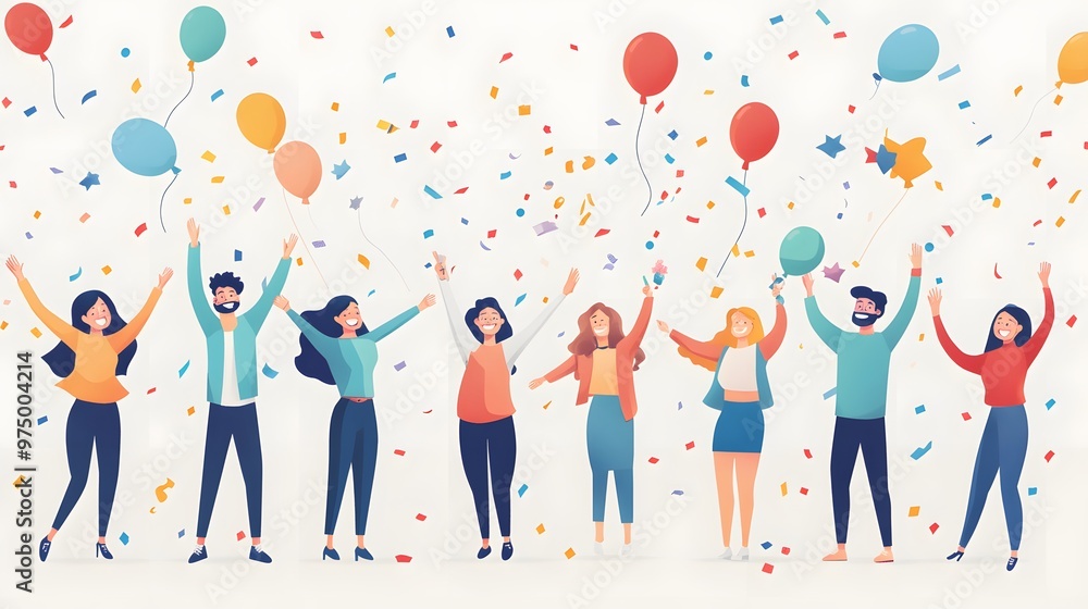 Joyful Group Celebrating with Confetti and Balloons Joyful Group Celebrating with Confetti and Balloons