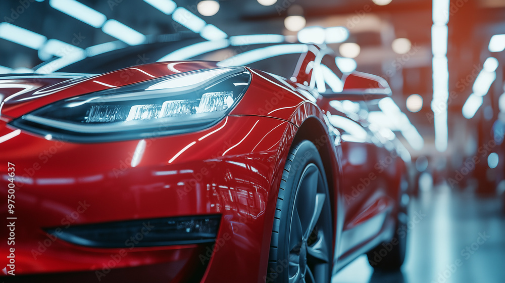 Close-up of a red electric car with sleek design in a modern automotive showroom. Stylish electric vehicle representing the future of eco-friendly transportation. Close-up of a red electric car with sleek design in a modern automotive showroom. Stylish electric vehicle representing the future of eco-friendly transportation.