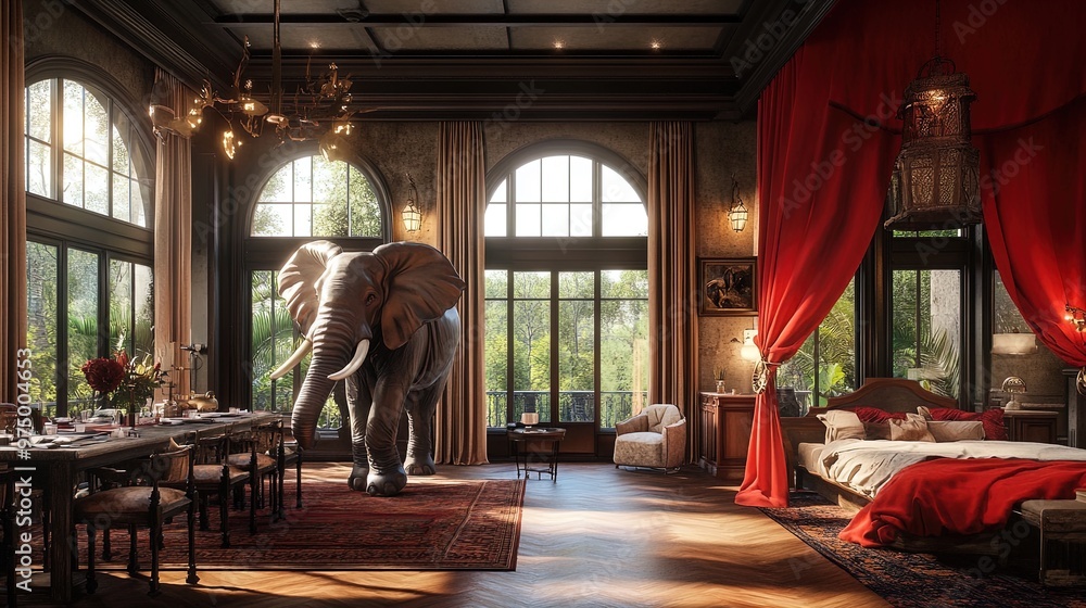 Elegant Elephant Sculpture Decorates Plush Bedding Space with Rustic Dining Area – Perfect Poster for Sports Interior or Unique Home Decor Elegant Elephant Sculpture Decorates Plush Bedding Space with Rustic Dining Area – Perfect Poster for Sports Interior or Unique Home Decor