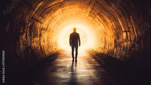 Silhouette of a person walking towards a bright light in a dark tunnel, symbolizing hope and new beginnings, copy space