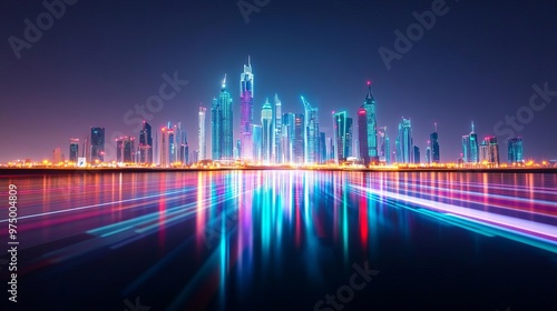 Digital Abu Dhabi skyline, hologram skyscraper projection, futuristic UAE