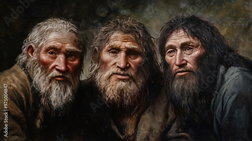 A painting depicting three men, likely representing different stages of human evolution, with a  dark, forest-like background.