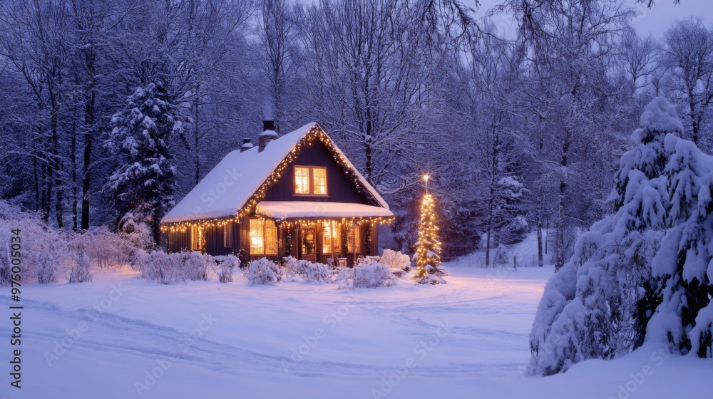 A Snow-Covered Cabin with Christmas Lights in a Winter Forest A Snow-Covered Cabin with Christmas Lights in a Winter Forest