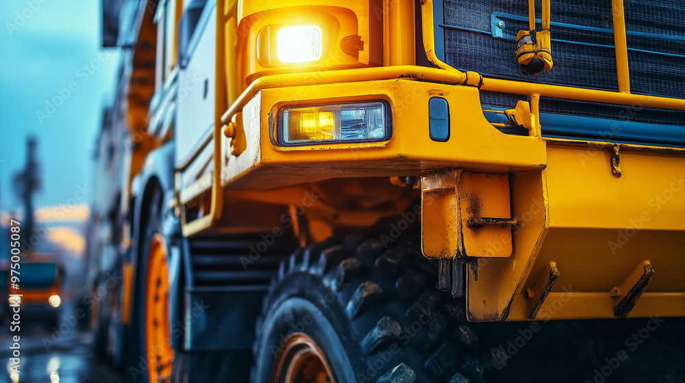 Close-up of a large yellow construction truck with rugged tires and bright lights in an industrial setting. Heavy machinery used in construction and mining industries. Close-up of a large yellow construction truck with rugged tires and bright lights in an industrial setting. Heavy machinery used in construction and mining industries.