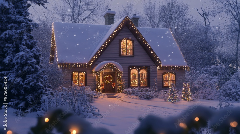 A cozy, snow-covered house with festive Christmas lights during a snowfall. A cozy, snow-covered house with festive Christmas lights during a snowfall.