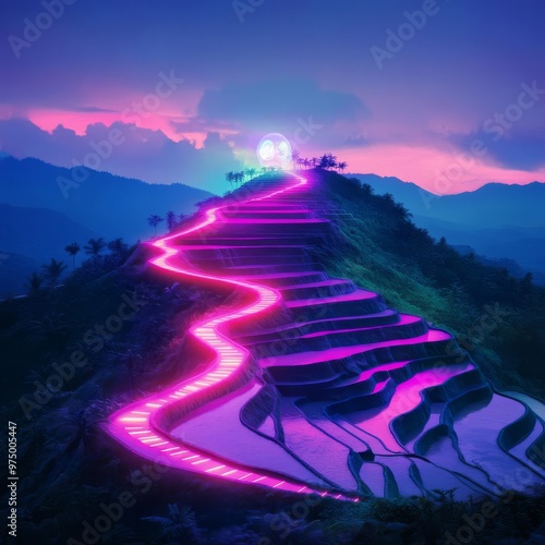 Digital Banaue Rice Terraces, neon hologram projection, futuristic Philippines