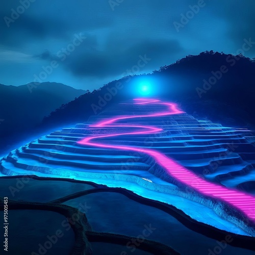 Digital Banaue Rice Terraces, neon hologram projection, futuristic Philippines