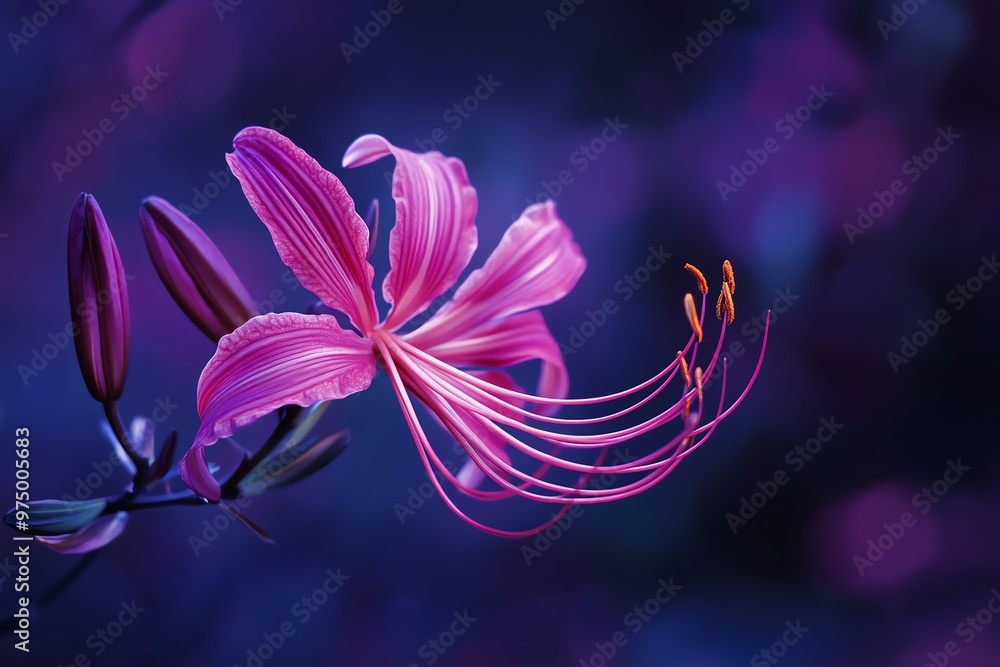 Vibrant close-up of a pink lily flower in bloom with a dreamy, dark purple background, capturing the delicate details and beauty of nature. Vibrant close-up of a pink lily flower in bloom with a dreamy, dark purple background, capturing the delicate details and beauty of nature.