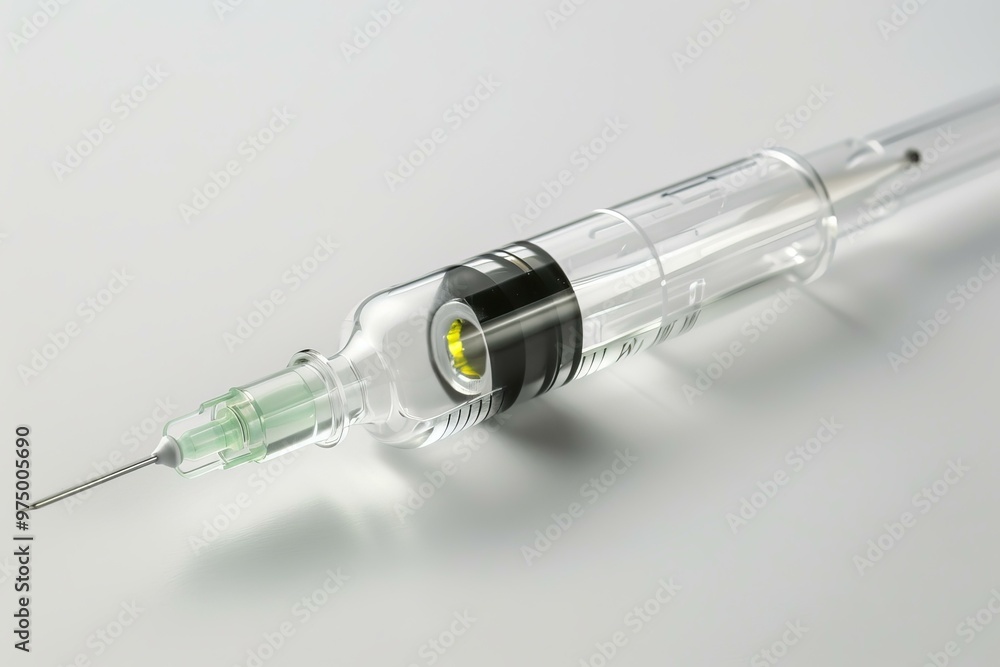 Medical syringe is lying on a white table, prepared for an upcoming procedure Medical syringe is lying on a white table, prepared for an upcoming procedure