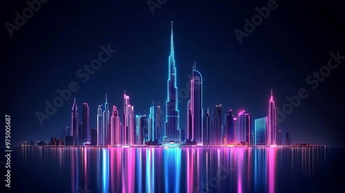 Digital Burj Khalifa, virtual skyscraper projection, neon skyline, advanced Dubai