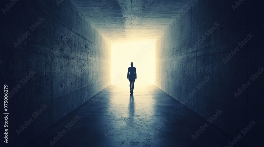 Silhouette of a person walking towards a bright light in a dark tunnel, symbolizing hope and new beginnings, copy space Silhouette of a person walking towards a bright light in a dark tunnel, symbolizing hope and new beginnings, copy space