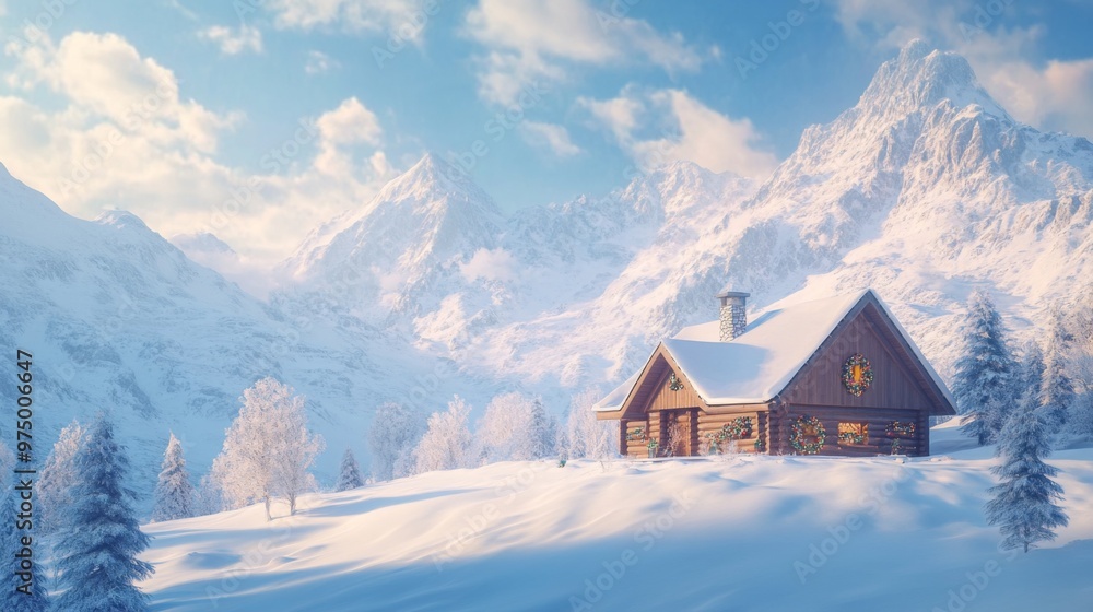 A Festive Log Cabin Nestled Among Snow-Covered Mountains A Festive Log Cabin Nestled Among Snow-Covered Mountains
