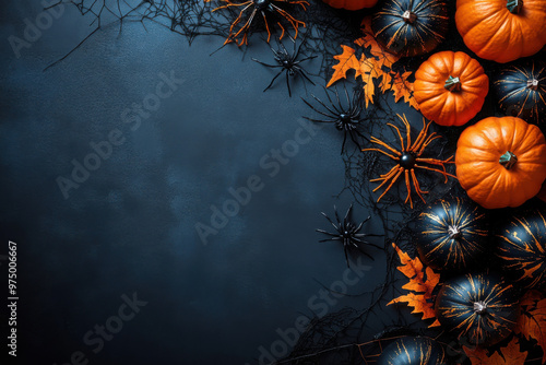 Happy halloween flat lay mockup with spiders, decoration and spider web on black background. Autumn holiday concept composition. Top view with copy space.