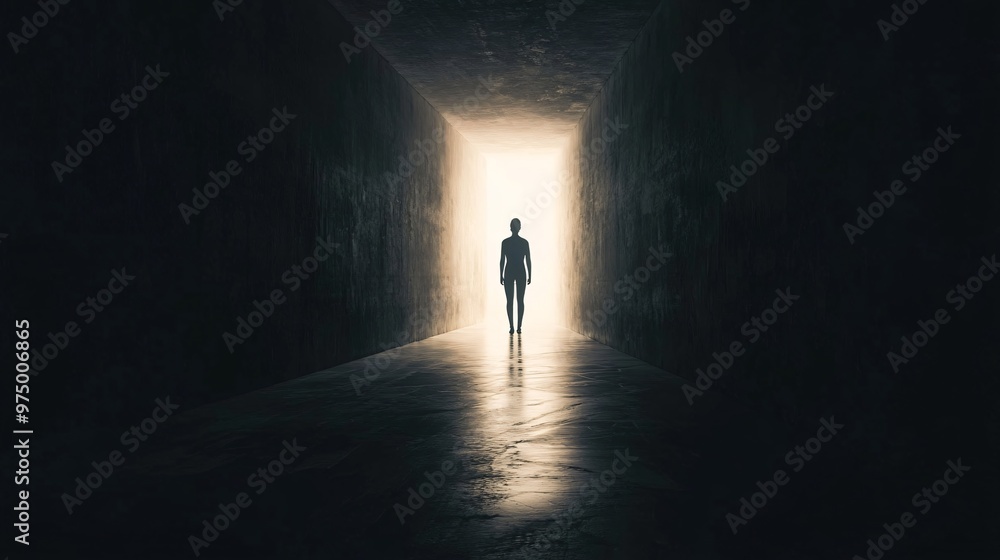 Silhouette of a person walking towards a bright light in a dark tunnel, symbolizing hope and new beginnings, copy space Silhouette of a person walking towards a bright light in a dark tunnel, symbolizing hope and new beginnings, copy space