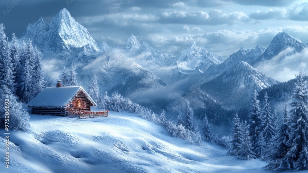 A Cozy Cabin Nestled in a Snowy Mountain Landscape A Cozy Cabin Nestled in a Snowy Mountain Landscape
