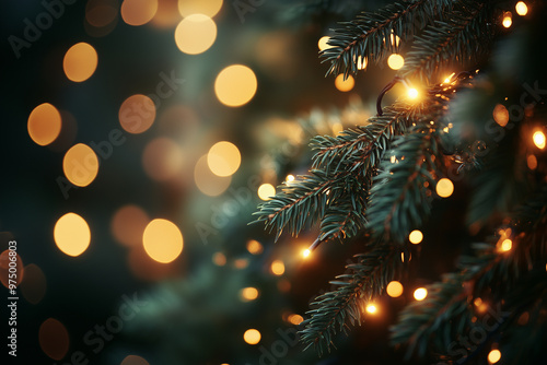 Blurred Christmas tree background with glowing bokeh lights, soft warm light