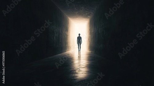 Silhouette of a person walking towards a bright light in a dark tunnel, symbolizing hope and new beginnings, copy space