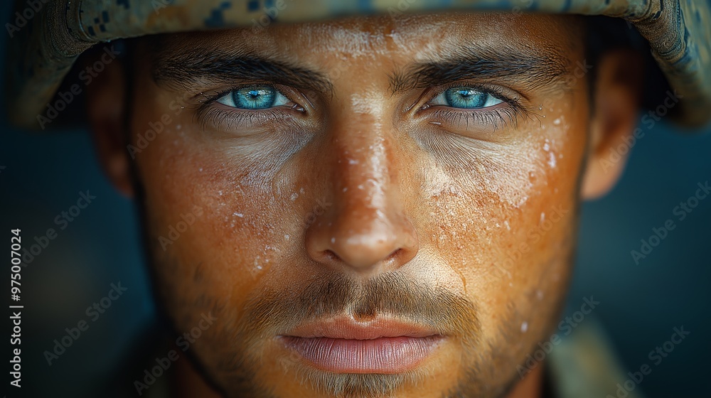 Intense Close-Up of a Soldier's Face with Piercing Blue Eyes and Camouflage Helmet, Reflecting Determination and Focus in a Military Setting Intense Close-Up of a Soldier's Face with Piercing Blue Eyes and Camouflage Helmet, Reflecting Determination and Focus in a Military Setting