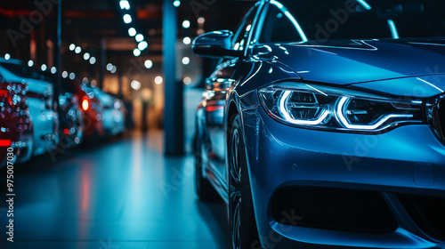 Close-up of a luxury car with bright LED headlights in a modern showroom. Sleek design and advanced technology of premium vehicles on display.