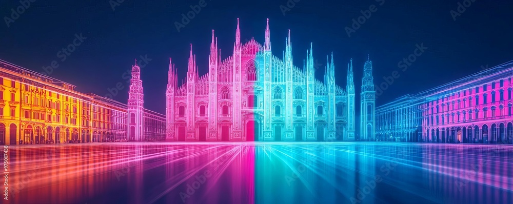 Fototapeta premium Digital Milan Cathedral, hologram projection, neon Lombardy landscape