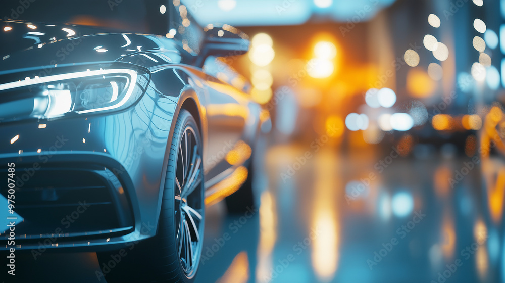 Close-up of a luxury car with a focus on its sleek body and illuminated headlight in a well-lit showroom. Symbol of sophistication and automotive innovation. Close-up of a luxury car with a focus on its sleek body and illuminated headlight in a well-lit showroom. Symbol of sophistication and automotive innovation.