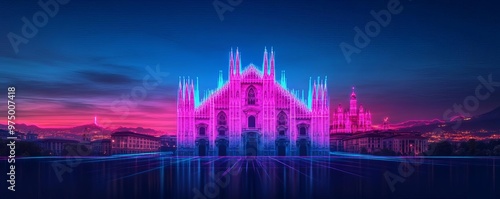 Digital Milan Cathedral, hologram projection, neon Lombardy landscape