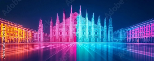Digital Milan Cathedral, hologram projection, neon Lombardy landscape