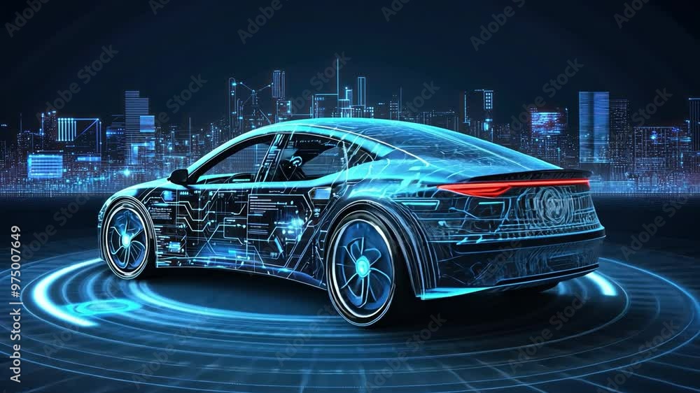 Futuristic Electric Car with Digital Overlay in Urban Skyline Futuristic Electric Car with Digital Overlay in Urban Skyline