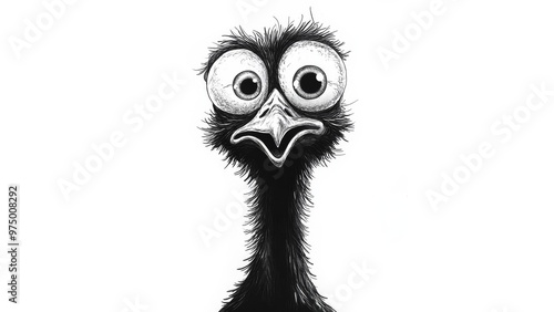 chicken cartoon with crazy eyes, black and white, white background photo