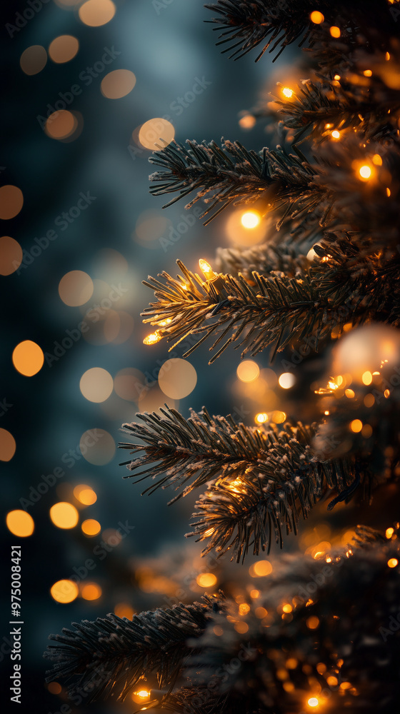 Fototapeta premium Blurred Christmas tree background with glowing bokeh lights, soft warm light