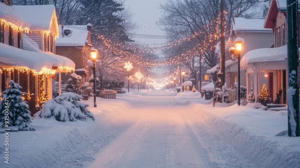 Snow-Covered Street with Christmas Lights and Houses Snow-Covered Street with Christmas Lights and Houses