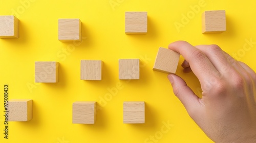 A visual representation of business process and workflow automation, with a hand arranging wooden blocks to demonstrate management and processing on a yellow background