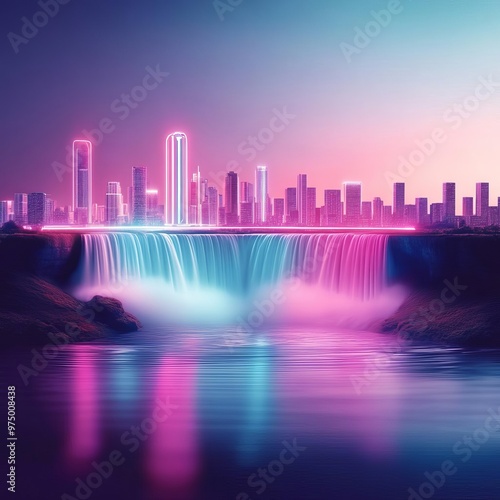 Digital Niagara Falls, holographic water flow, neon cityscape, futuristic border