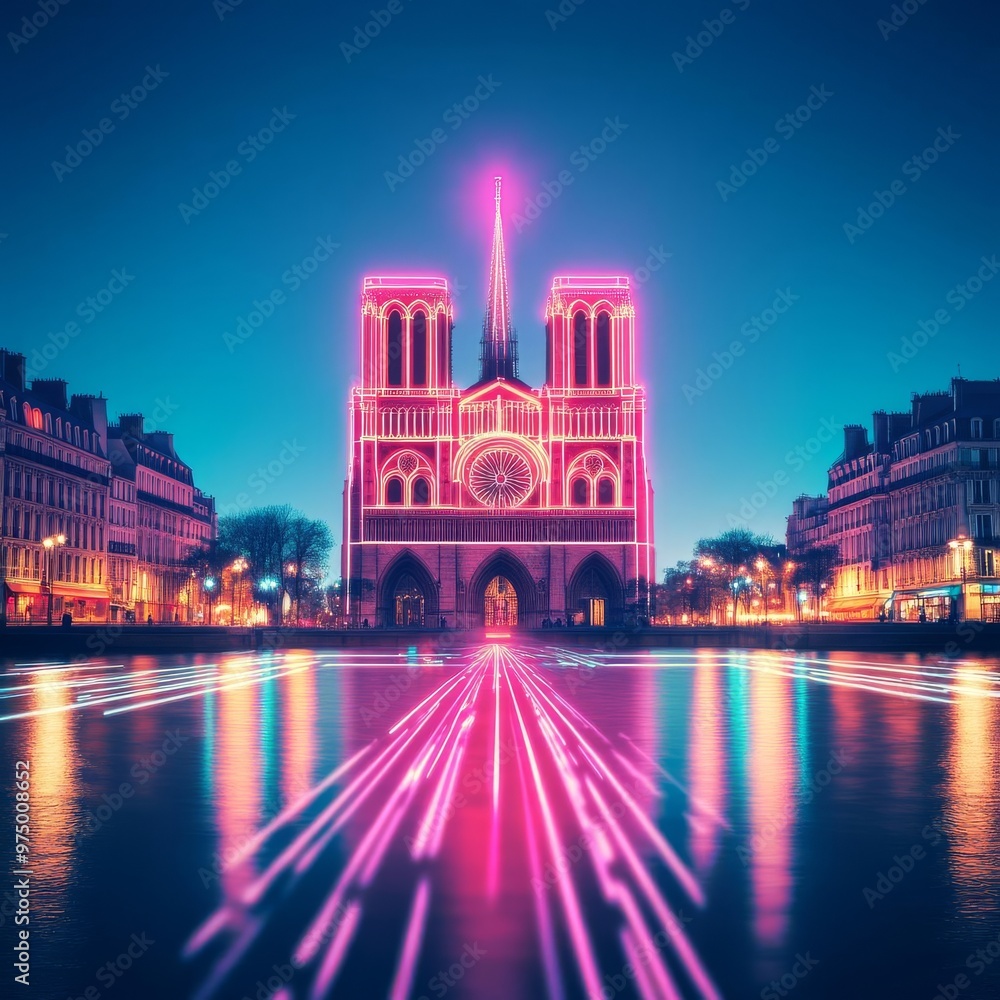Obraz premium Digital Notre-Dame, neon hologram over cathedral, augmented reality Paris night