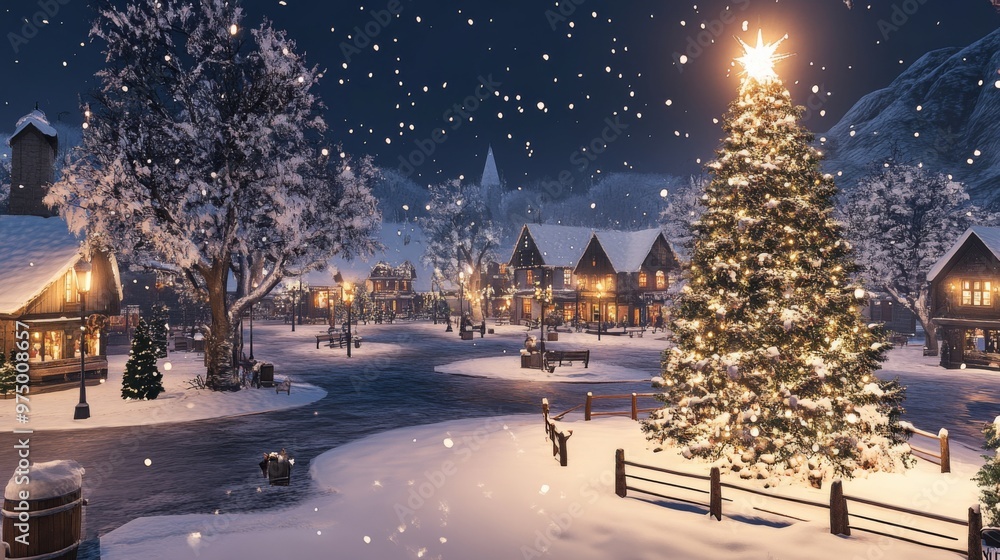 Snowy Village Square with Illuminated Christmas Tree Snowy Village Square with Illuminated Christmas Tree