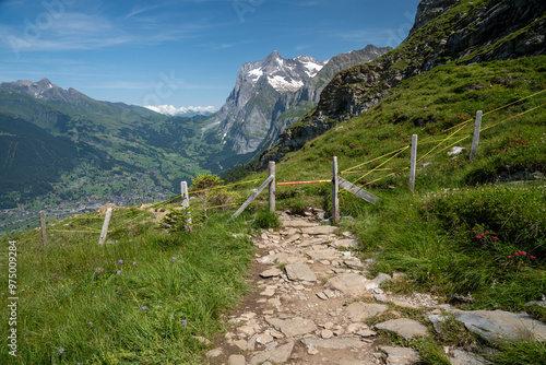 Eiger trail, hiking near the famous mountain of the Bernese Swiss Alps, Gate to prevent cows from crossing photo