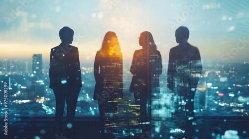 Business team having a meeting in the office, standing near the window with a view of the city. Blue gradient background with silhouettes of business people talking and working together