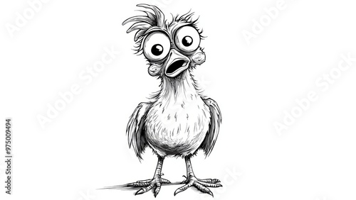 chicken cartoon with crazy eyes, black and white, white background photo