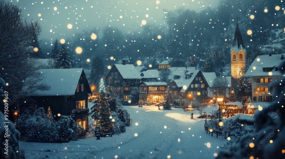 Fototapeta premium Snowy Christmas Village with a Church Tower and Decorated Tree